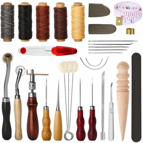 Leather Sewing Tools DIY Hand Stitching Tool Set and Groover Awl Waxed Thread Thimble Kit