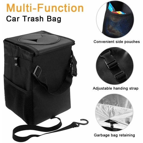 Car Trash Can with Lid and Storage Pockets